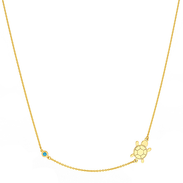 14k Yellow Gold Sideways Floating Turtle and Turquoise Bezel Bar Necklace