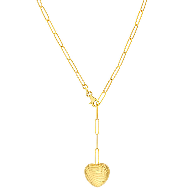 14k Yellow Gold Grooved Puffy Heart Paperclip Necklace