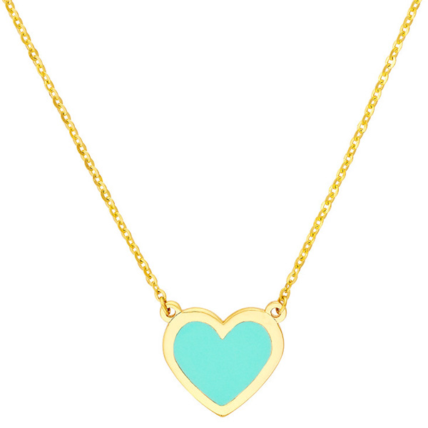 14k Yellow Gold Light Turquoise Enamel Bezel Heart Necklace
