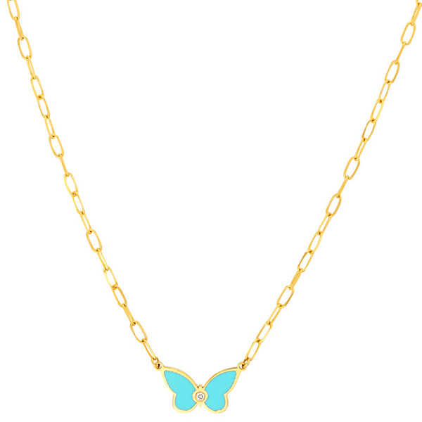 14k Yellow Gold Turquoise Enamel Butterfly Necklace with Diamond