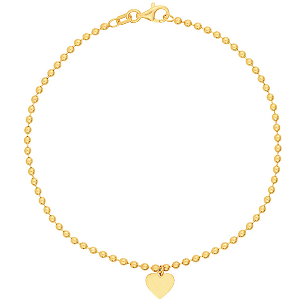 14k Yellow Gold Bead Link Dangle Heart Bracelet 7.5in