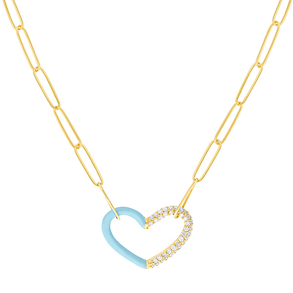 14k Yellow Gold 1/5 ct tw Diamond Light Turquoise Enamel Heart Paperclip Necklace