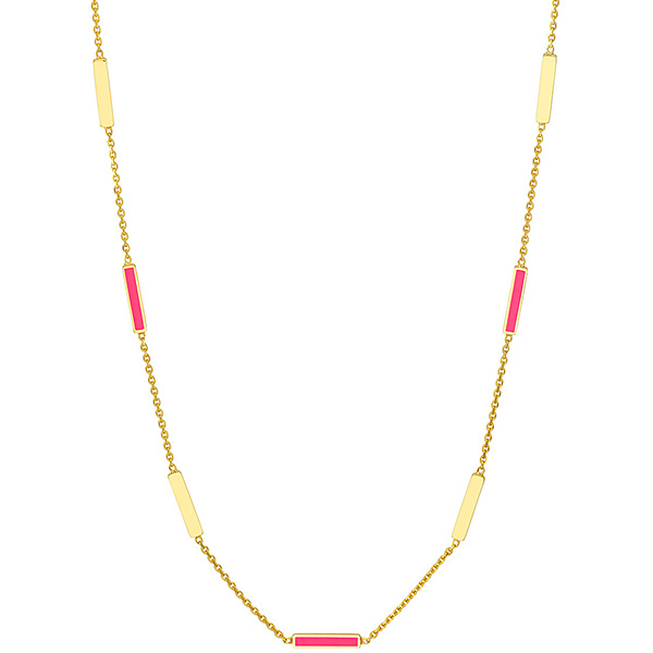 14k Yellow Gold Pink Enamel Alternating Bar Station Necklace