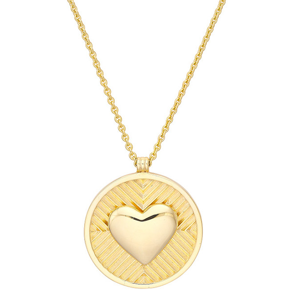 14k Yellow Gold Puff Heart Round Necklace With Chevron Design