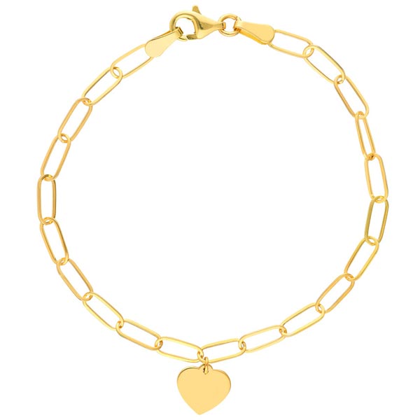 14k Yellow Gold Heart Charm Paper Clip Bracelet 7.5in