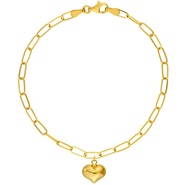 14k Yellow Gold Puff Heart Paper Clip Bracelet