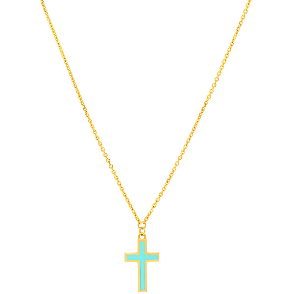 14k Yellow Gold Light Turquoise Enamel Cross Necklace