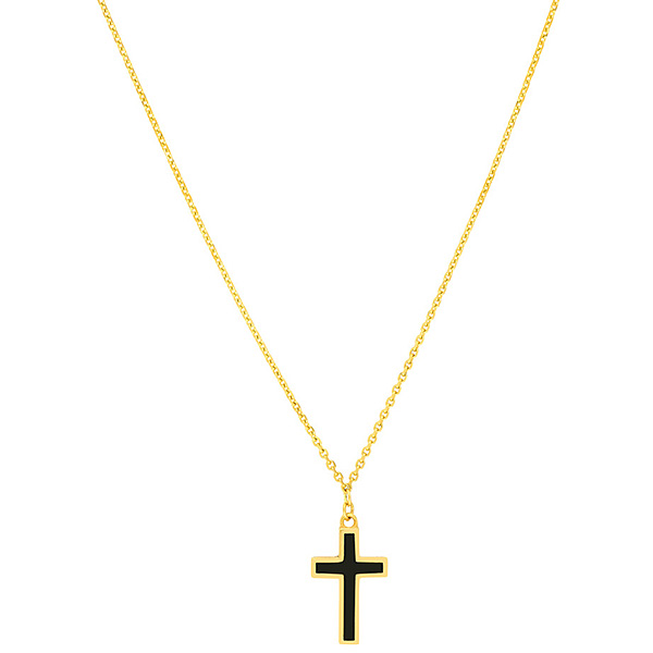 14k Yellow Gold Black Enamel Cross Necklace