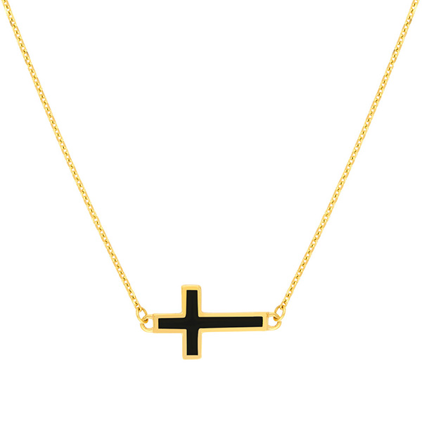 14k Yellow Gold Black Enamel Sideways Cross Necklace