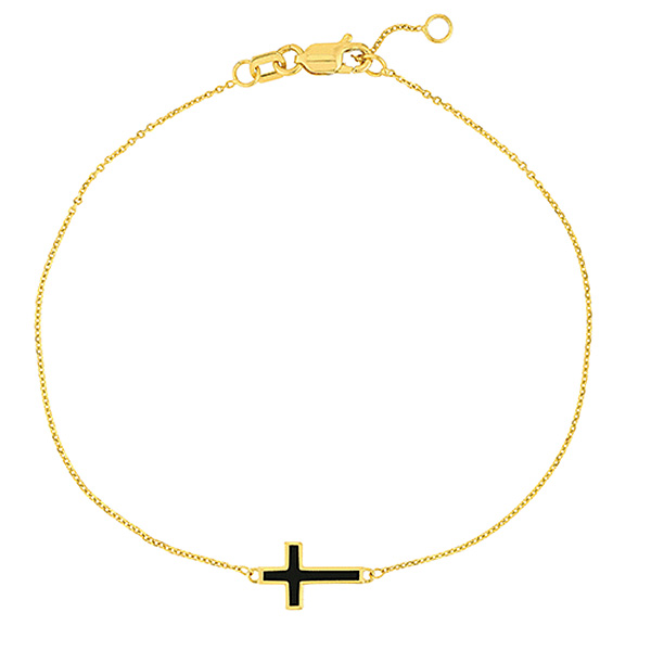 14k Yellow Gold Black Enamel Sideways Cross Bracelet