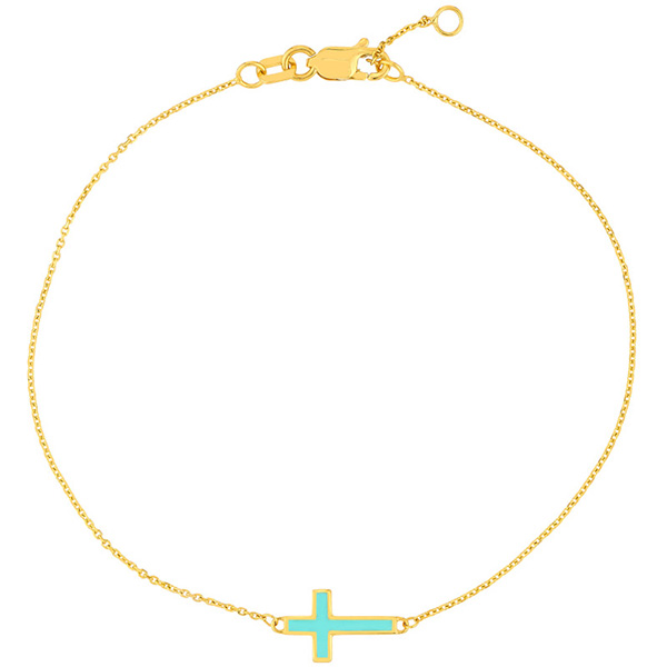 14k Yellow Gold Turquoise Enamel Sideways Cross Bracelet
