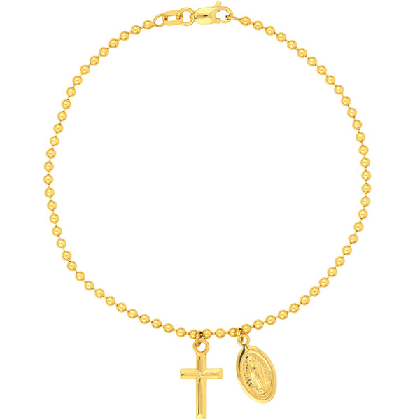 14k Yellow Gold Virgin Mary Medal and Cross Bead Bracelet