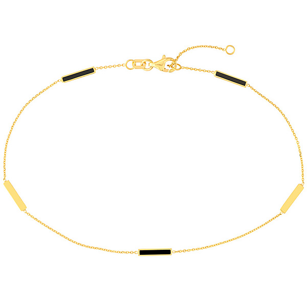14k Yellow Gold Black Enamel Alternating Bar Station Anklet