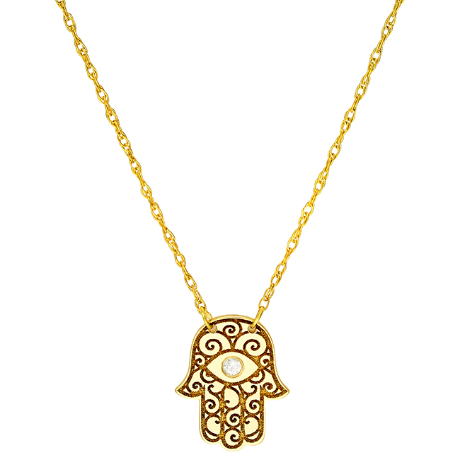 14k Yellow Gold Mini .01 ct Diamond Hamsa Necklace