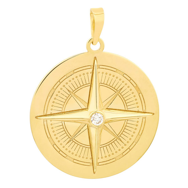 14k Yellow Gold Diamond Compass Pendant 1in