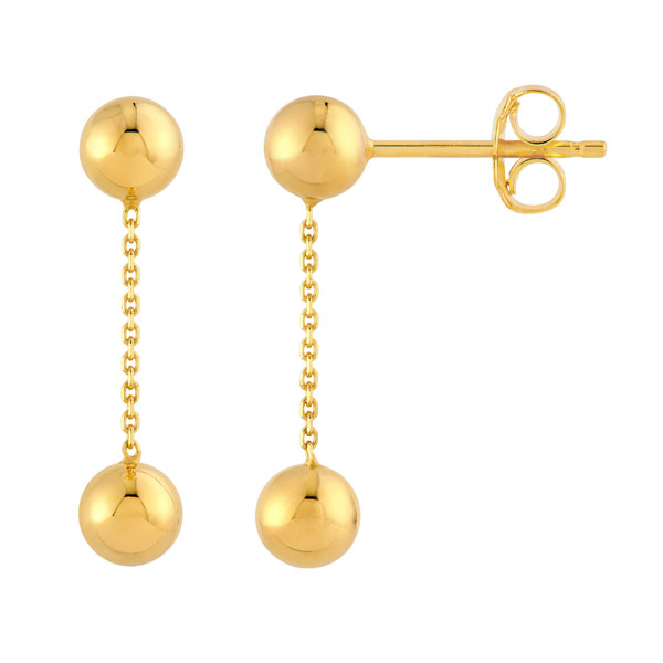 14k Yellow Gold Bead Cable Chain Dangle Post Earrings