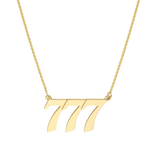 14k Yellow Gold Angel Number 777 Necklace for Luck