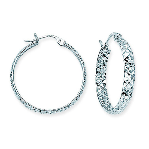 14kt White Gold 1in Diamond-cut In and Out Hoop Earrings 3mm