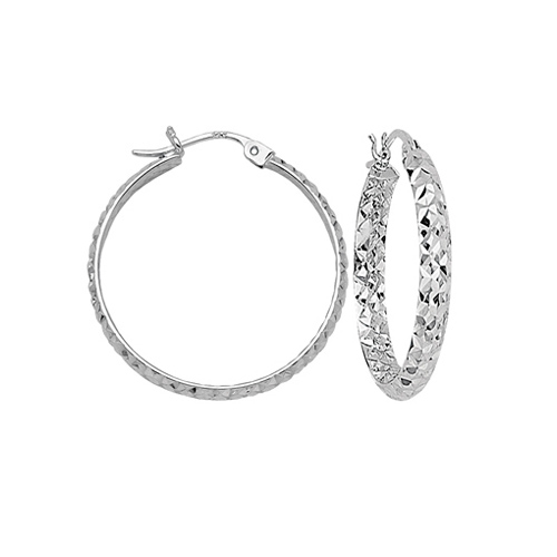 10kt White Gold 1 1/2in Diamond-cut In and Out Hoop Earrings 3mm