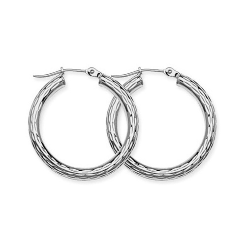 10kt White Gold 1 1/8in Diamond-cut Hoop Earrings 3mm