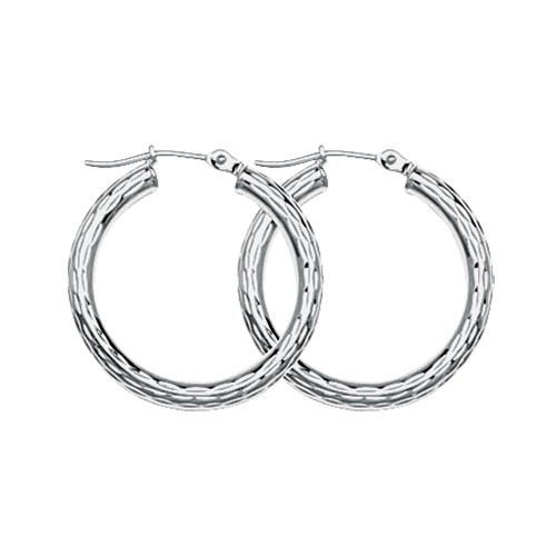 10kt White Gold 3/4in Diamond-cut Hoop Earrings 3mm