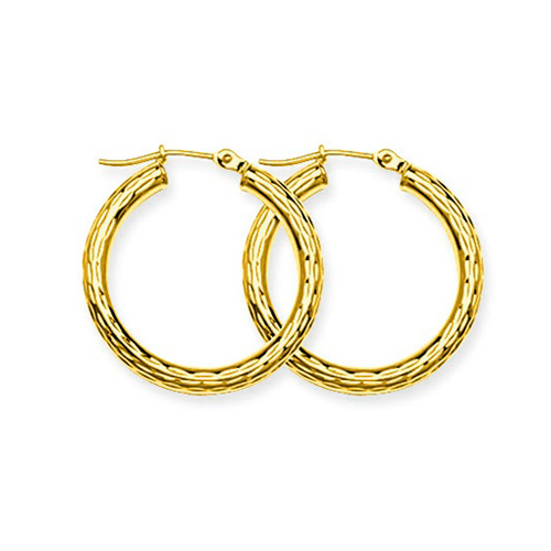 10kt Yellow Gold 3/4in Diamond-cut Hoop Earrings 3mm