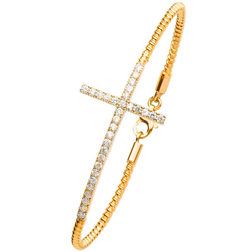 Gold-Plated Sterling Silver CZ Sideways Cross Bracelet