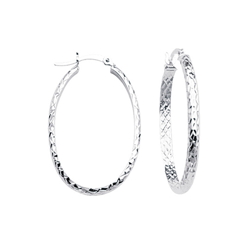 14kt White Gold 1 1/4in Diamond-cut In and Out Oval Hoop Earrings 3mm