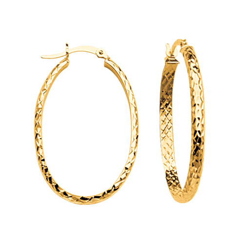 14k Yellow Gold 1 1/4in Diamond-cut In and Out Oval Hoop Earrings 3mm