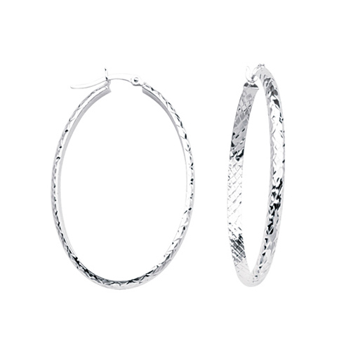 10kt White Gold 1 2/3in Diamond-cut In and Out Oval Hoop Earrings 3mm