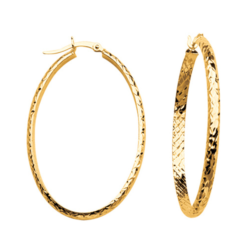 10kt Yellow Gold 1 2/3in Diamond-cut In and Out Oval Hoop Earrings 3mm