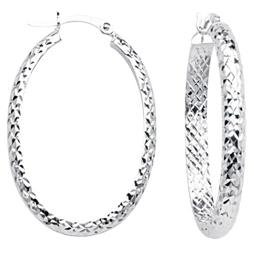 14kt White Gold 1 1/4in Diamond-cut In and Out Oval Hoop Earrings 3mm