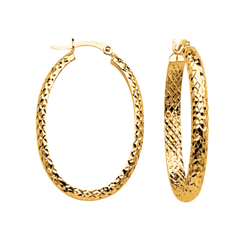 14k Yellow Gold 1 1/4in Diamond-cut In and Out Oval Hoop Earrings
