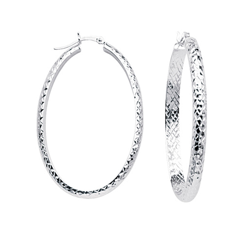 10kt White Gold 1 2/3in Diamond-cut In and Out Oval Hoop Earrings 4mm