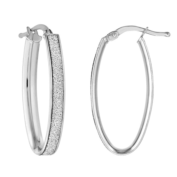 Sterling Silver Small Oval Glitter Hoop Earrings 1in