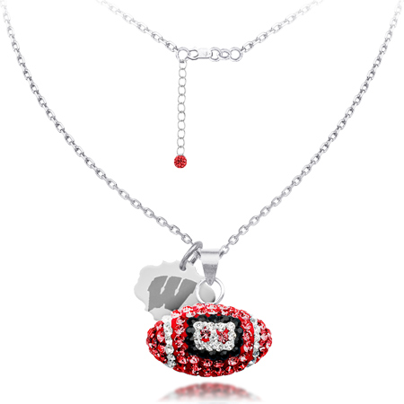 Sterling Silver Wisconsin Badgers Crystal Football Necklace