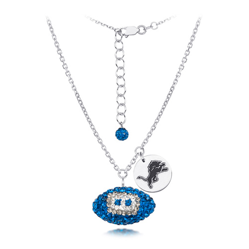 Sterling Silver Detroit Lions Crystal Football Necklace