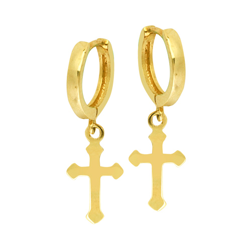 14k Yellow Gold Small Hoop Earrings with Crosses - Cross Charm Drop Huggies