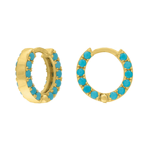 14k Yellow Gold Side Set Turquoise Huggie Earrings 3/8in