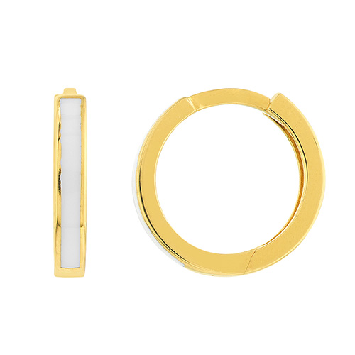 14k Yellow Gold White Enamel Huggie Earrings 1/2in