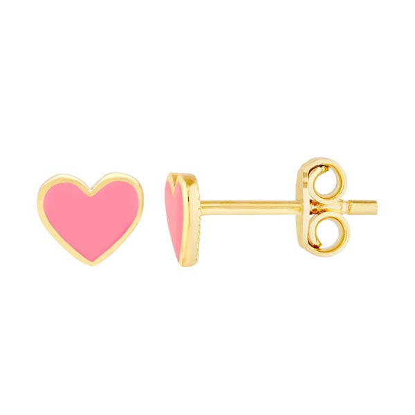 14k Yellow Gold Small Pink Heart Enamel Stud Earrings