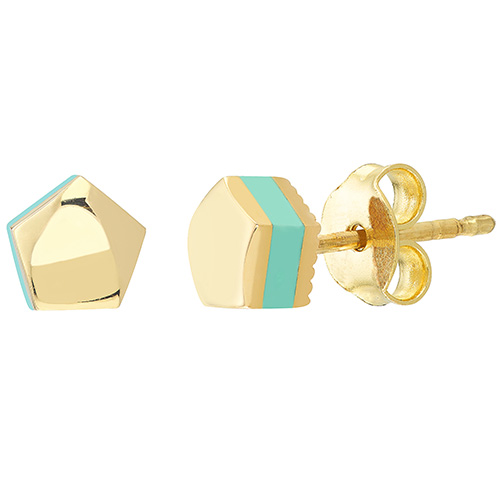 14k Yellow Gold Pentagon Stud Earrings with Turquoise Enamel