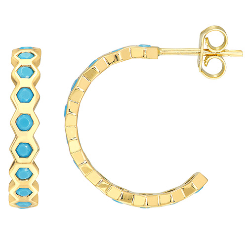 14k Yellow Gold Turquoise Honeycomb J Hoop Earrings