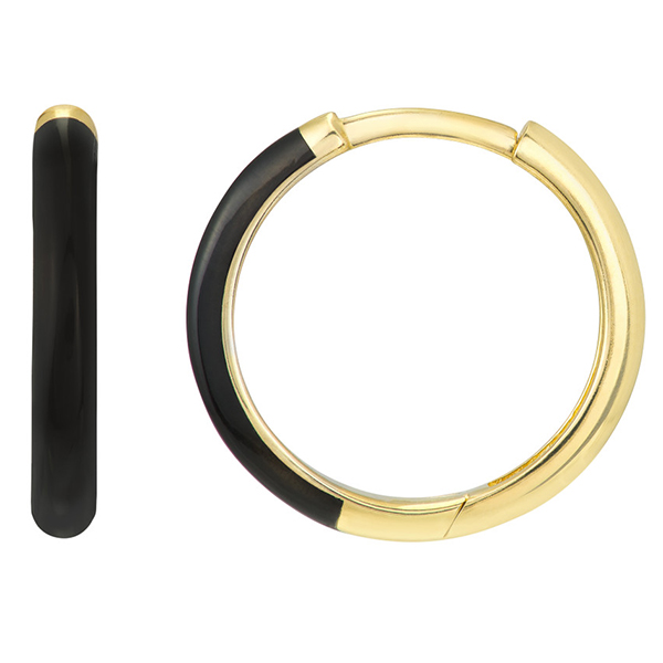 14k Yellow Gold Fifty-fifty Black Enamel Hoop Earrings