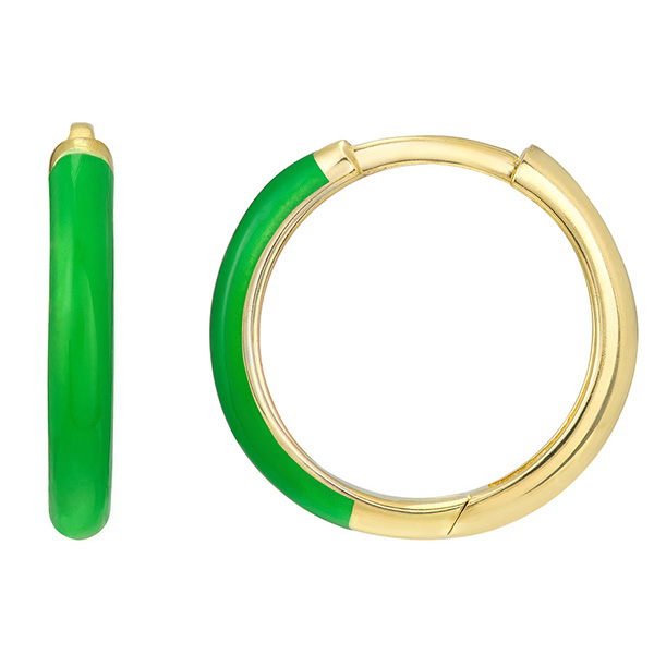 14k Yellow Gold Small Green Enamel Hoop Earrings