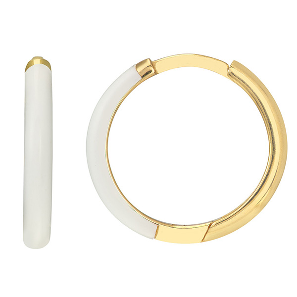 14k Yellow Gold Small White Enamel Hoop Earrings
