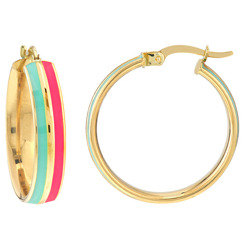 14k Yellow Gold Turquoise and Pink Enamel Hoop Earrings 3/4in