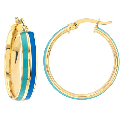 14k Yellow Gold Turquoise and Baby Blue Enamel Hoop Earrings 3/4in