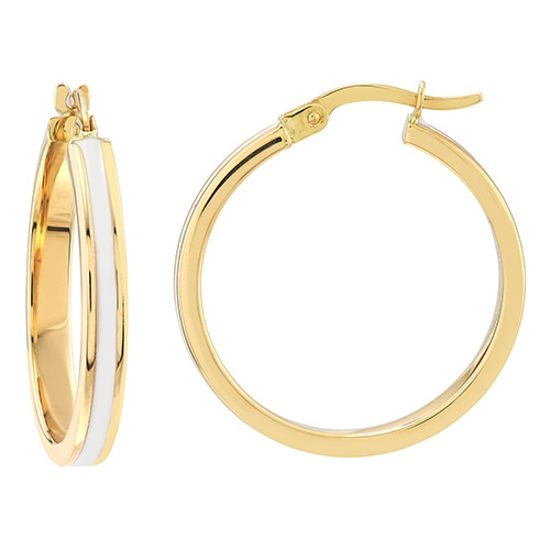 14k Yellow Gold White Enamel Hoop Earrings 1in