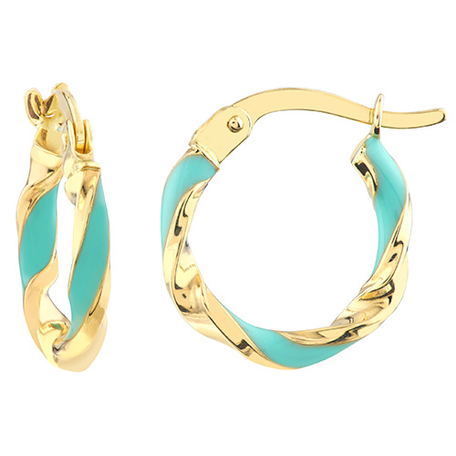 14k Yellow Gold Turquoise Enamel Twist Huggie Hoop Earrings